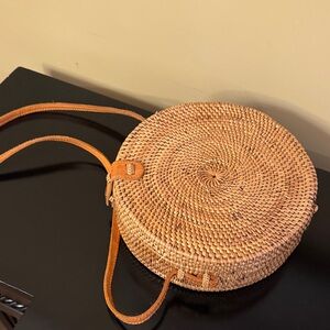 Round Woven Tan Crossbody Bag